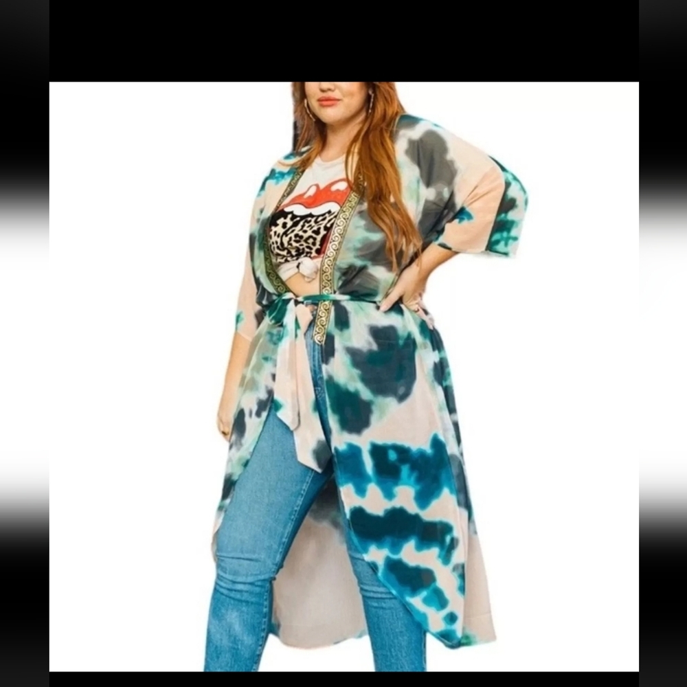 Suki So Goddess Tan Teal Tie Dye Kimono Robe OS Metallic Greek Key Coverup